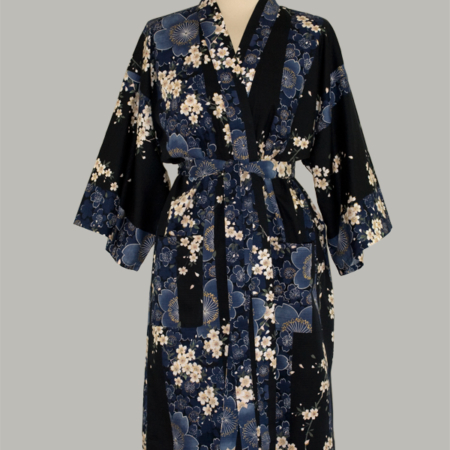 kimono Cherry Blossom, 3/4 lang, marine, udført i 100% bomuld