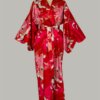 kimono Crane with Flowers, lang, rød, i 100% bomuldssatin
