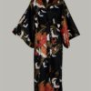 kimono Crane with Flowers, lang, sort, udført i 100% bomuldssatin