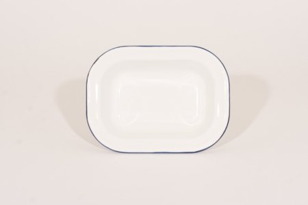 emalje fad til gratin eller pie i farven hvid med blå kant og str 20 x 15 cm