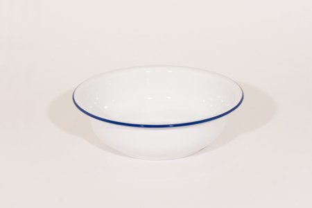 emalje skål (stor) i farven hvid med blå kant, str 9,5 cm høj og 30 cm i dia.